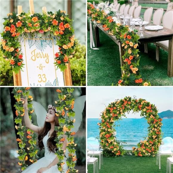 Artificial Rose Vines Flowers Garland Hanging Silk Rose Vine Wedding, Sunset Red - Picture 6 of 6